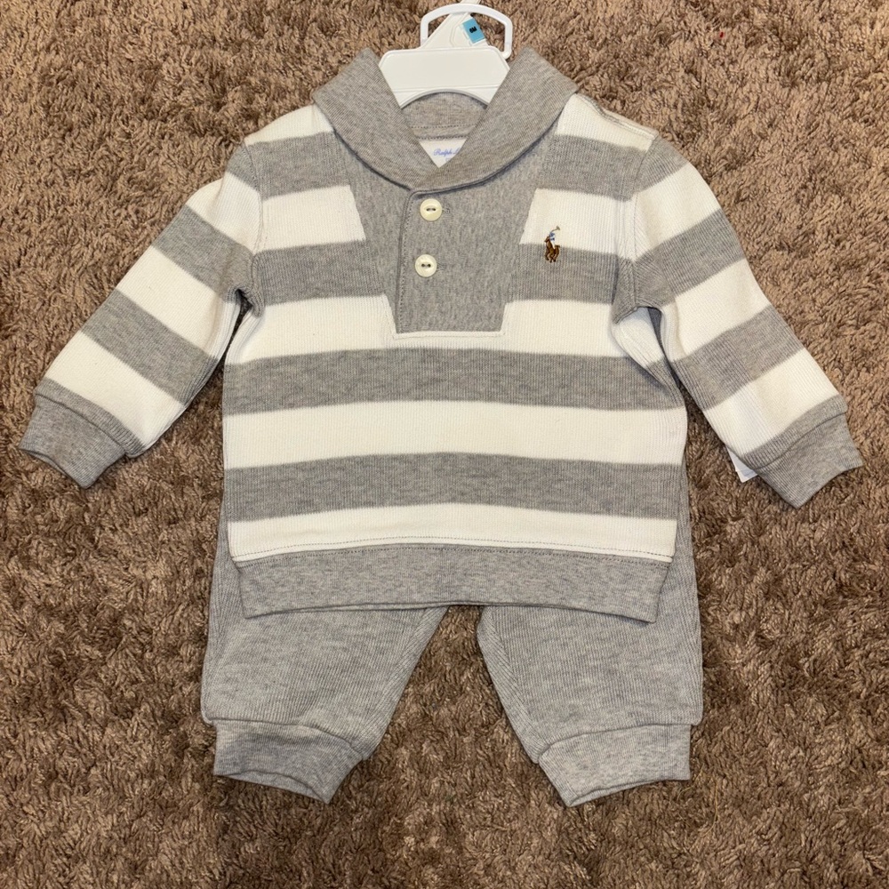 NWT: Ralph Lauren Gray and White Striped Baby Outfit